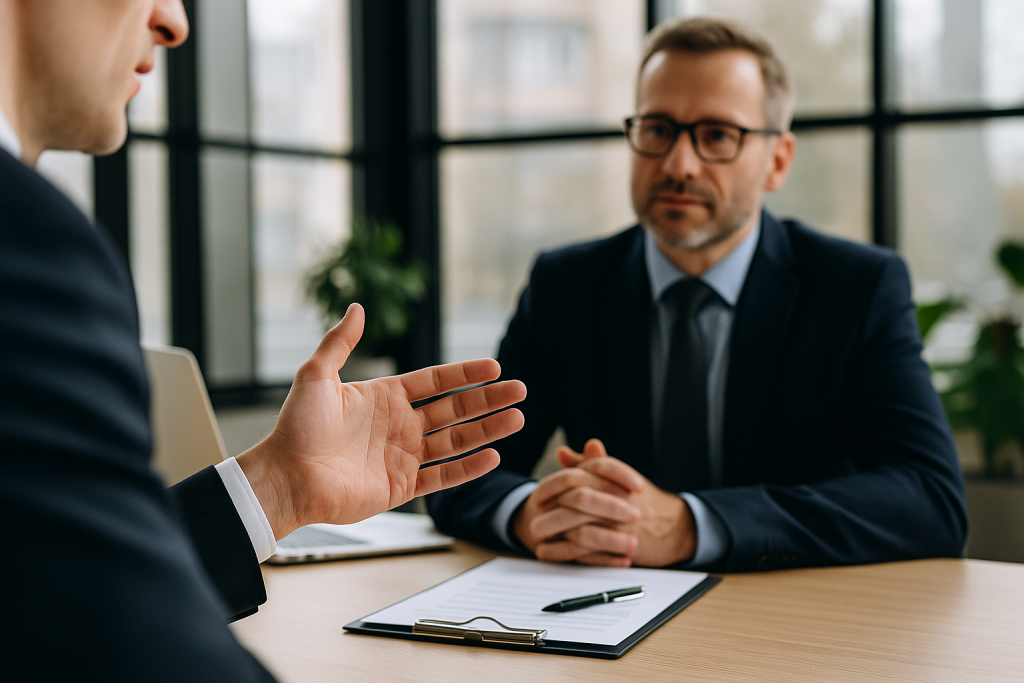 שני אנשי עסקים במשרד מודרני במהלך פגישת משא ומתן, אחד מדבר ומחווה בידו והשני מקשיב בריכוז, על השולחן מחשב נייד, קלסר ועט.
