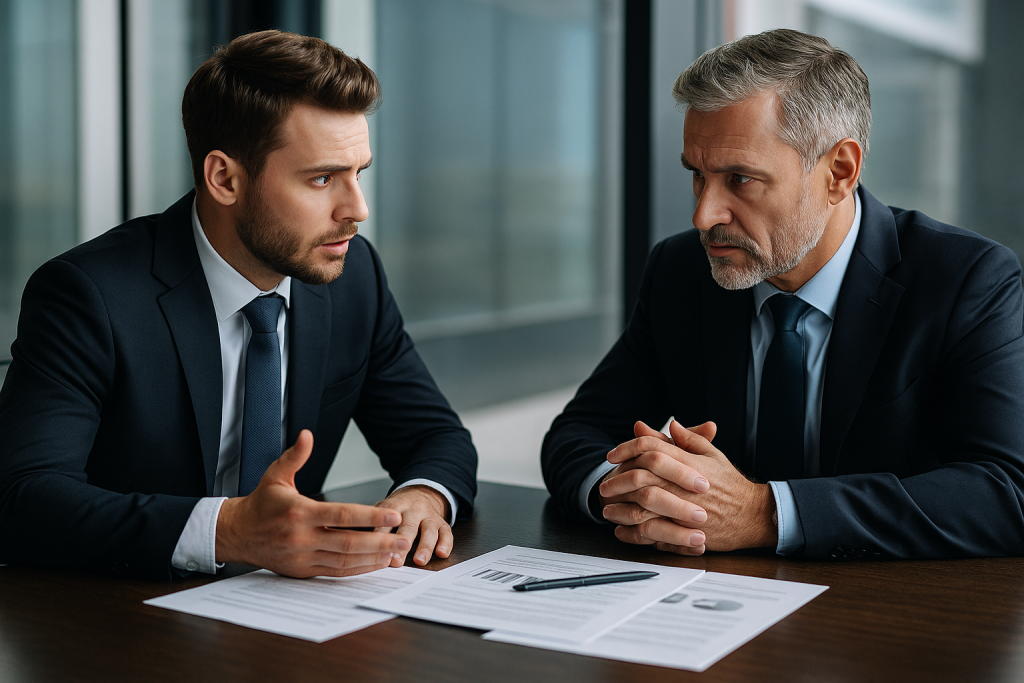 ניהול משא ומתן בתנאי לחץ – מנהלים בשיחה עסקית סביב שולחן ישיבות