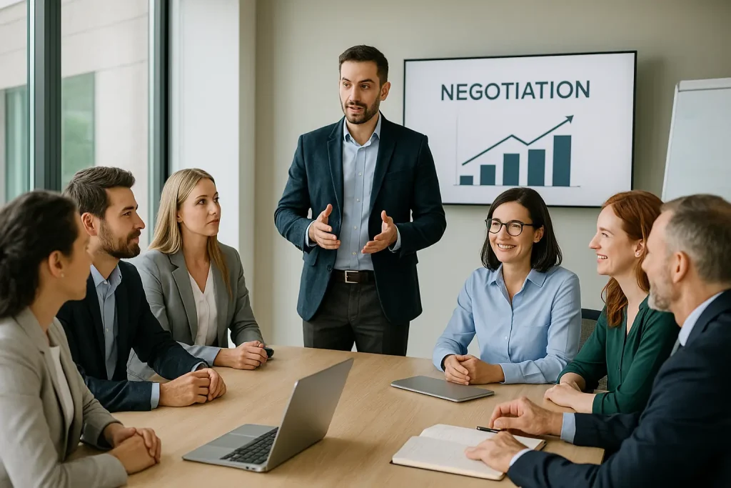 סדנת משא ומתן לחברות – צוות מנהלים משתתף בדיון עסקי בהנחיית מנחה מקצועי