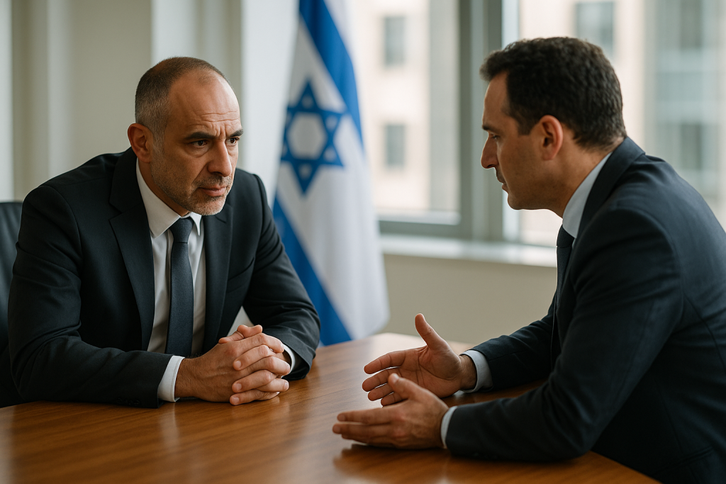 פגישת משא ומתן לניהול משברים בארגון, שני מנהלים יושבים בשיחה מקצועית